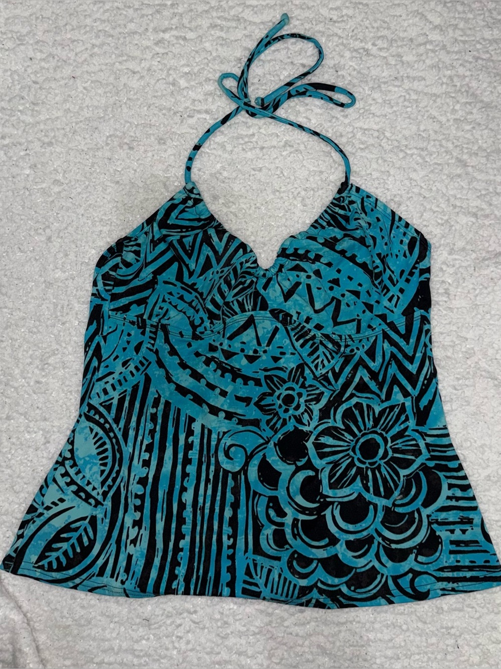Women’s Swim Teal Black Printed Halter Tankini Top